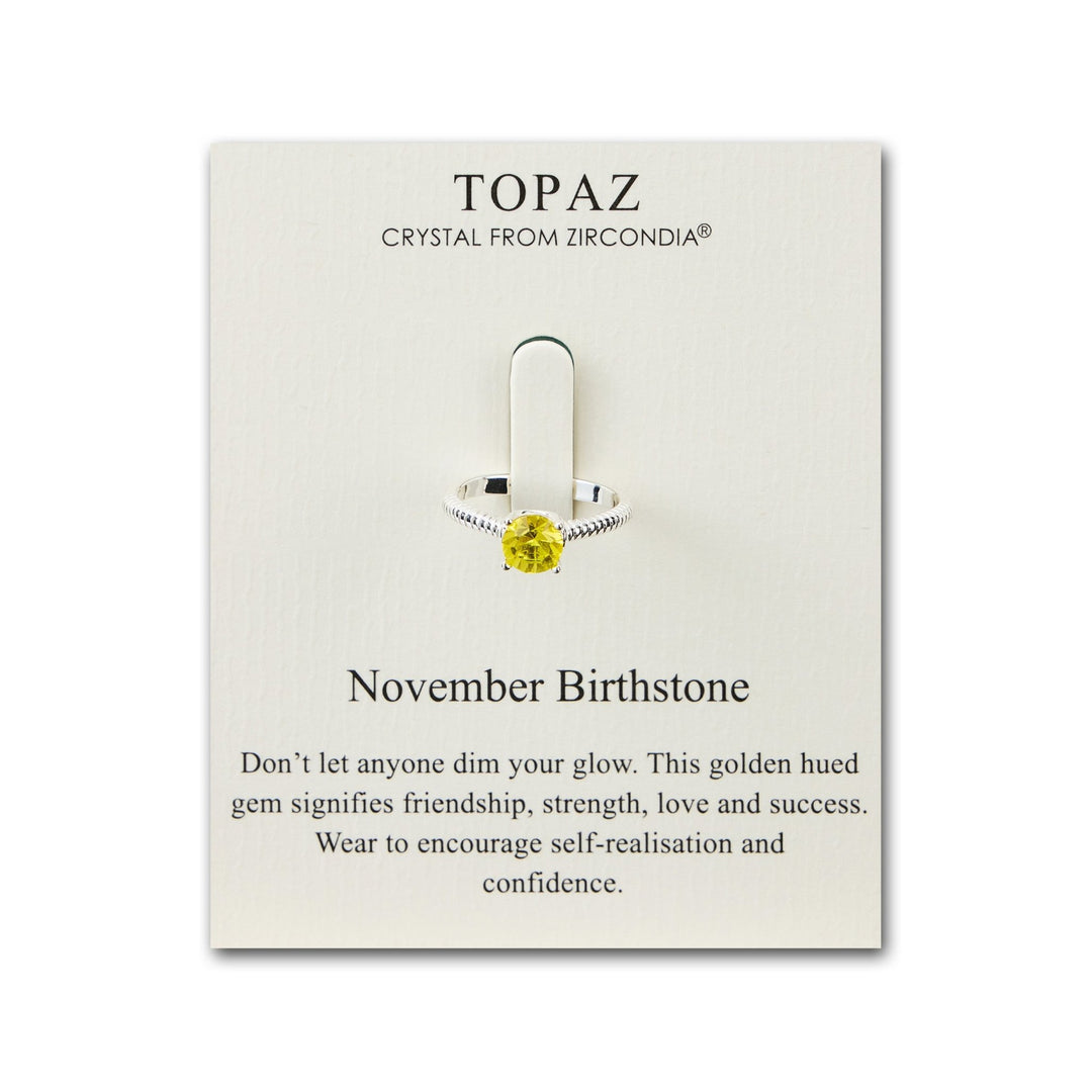 November (Topaz) Adjustable Birthstone Ring Created with Zircondia® Crystals - Philip Jones Jewellery