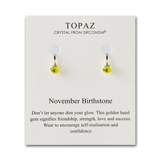 November (Topaz) Birthstone Clip On Earrings Created with Zircondia® Crystals - Philip Jones Jewellery
