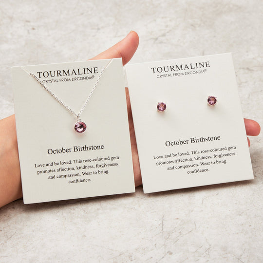 October (Tourmaline) Birthstone Necklace & Earrings Set Created with Zircondia® Crystals - Philip Jones Jewellery