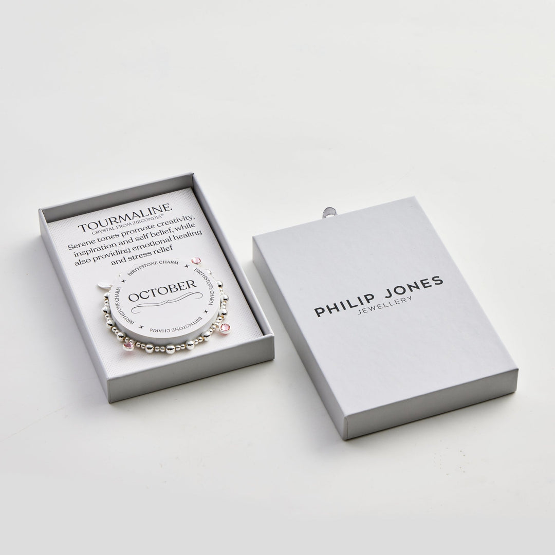 October (Tourmaline) Birthstone Stretch Charm Bracelet with Quote Gift Box - Philip Jones Jewellery
