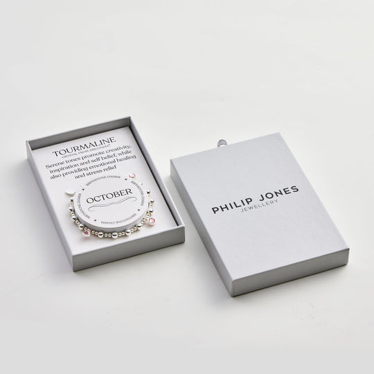 October (Tourmaline) Birthstone Stretch Charm Bracelet with Quote Gift Box - Philip Jones Jewellery
