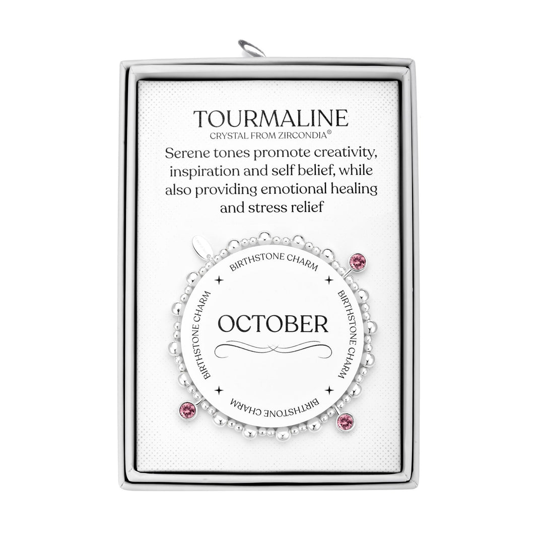 October (Tourmaline) Birthstone Stretch Charm Bracelet with Quote Gift Box - Philip Jones Jewellery