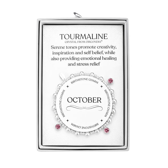 October (Tourmaline) Birthstone Stretch Charm Bracelet with Quote Gift Box - Philip Jones Jewellery