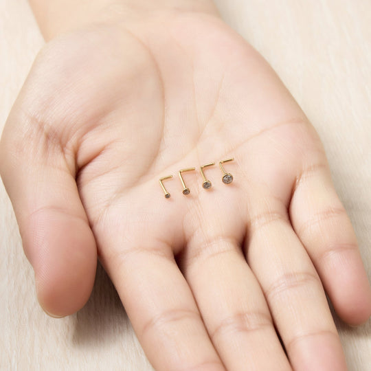 Pack of 4 L Shaped Bezel Set Gold Stainless Steel Nose Studs Created with Zircondia® Crystals - Philip Jones Jewellery