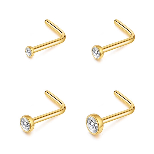 Pack of 4 L Shaped Bezel Set Gold Stainless Steel Nose Studs Created with Zircondia® Crystals - Philip Jones Jewellery