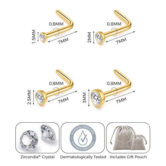 Pack of 4 L Shaped Bezel Set Gold Stainless Steel Nose Studs Created with Zircondia® Crystals - Philip Jones Jewellery