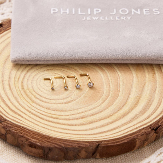 Pack of 4 L Shaped Bezel Set Gold Stainless Steel Nose Studs Created with Zircondia® Crystals - Philip Jones Jewellery