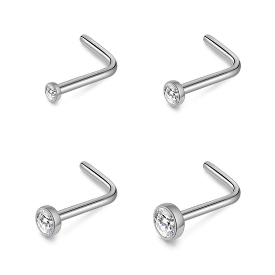 Pack of 4 L Shaped Bezel Set Stainless Steel Nose Studs Created with Zircondia® Crystals - Philip Jones Jewellery