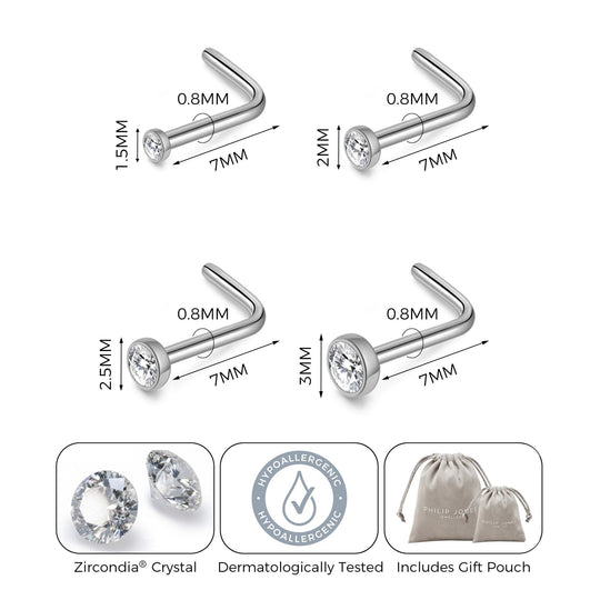 Pack of 4 L Shaped Bezel Set Stainless Steel Nose Studs Created with Zircondia® Crystals - Philip Jones Jewellery