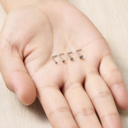 Pack of 4 L Shaped Bezel Set Stainless Steel Nose Studs Created with Zircondia® Crystals - Philip Jones Jewellery
