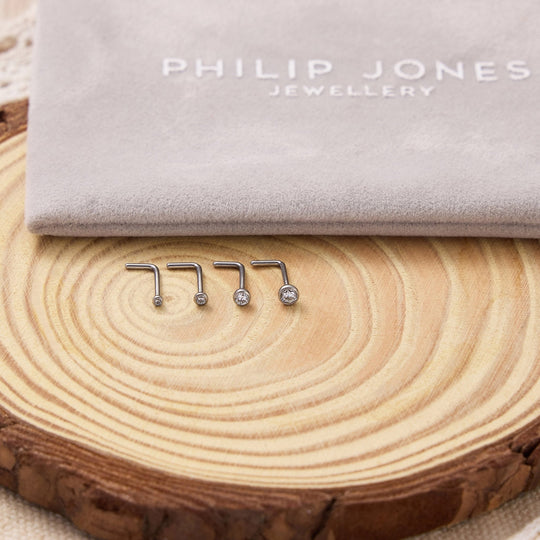 Pack of 4 L Shaped Bezel Set Stainless Steel Nose Studs Created with Zircondia® Crystals - Philip Jones Jewellery