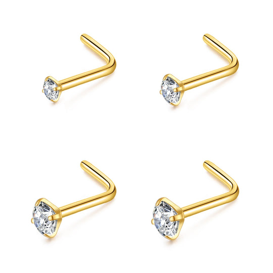 Pack of 4 L Shaped Gold Plated Stainless Steel Nose Studs Created with Zircondia® Crystals - Philip Jones Jewellery