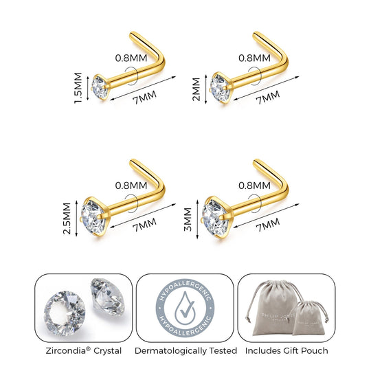 Pack of 4 L Shaped Gold Plated Stainless Steel Nose Studs Created with Zircondia® Crystals - Philip Jones Jewellery