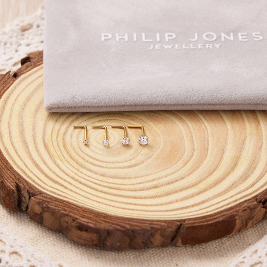 Pack of 4 L Shaped Gold Plated Stainless Steel Nose Studs Created with Zircondia® Crystals - Philip Jones Jewellery