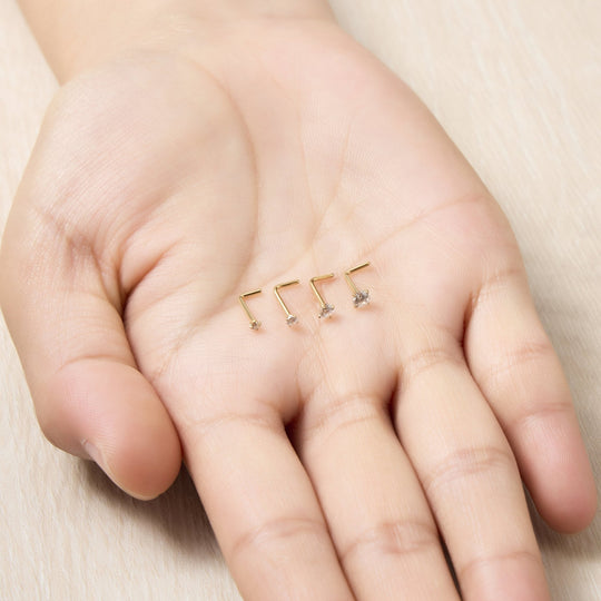 Pack of 4 L Shaped Gold Plated Stainless Steel Nose Studs Created with Zircondia® Crystals - Philip Jones Jewellery