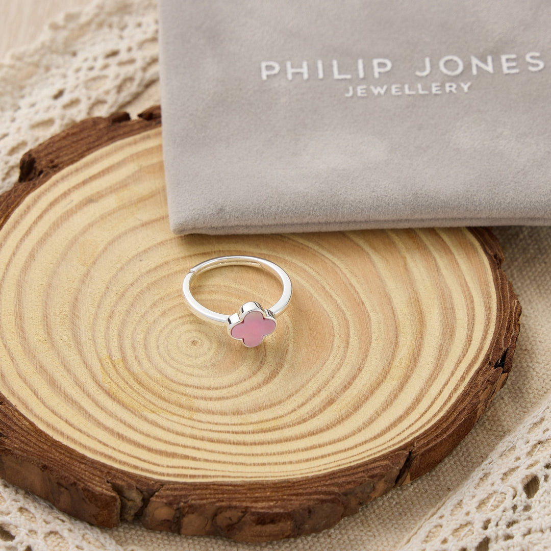 Pink Mother of Pearl Gemstone Adjustable Clover Ring - Philip Jones Jewellery