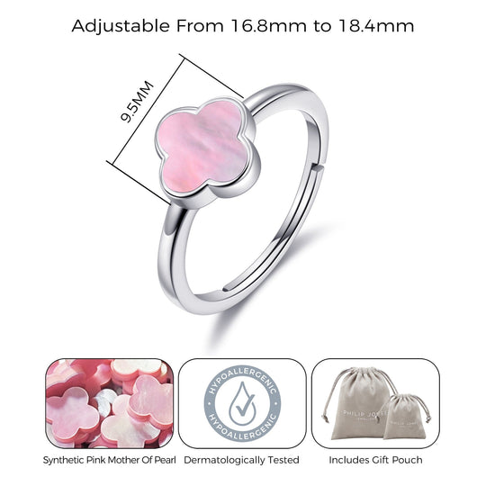 Pink Mother of Pearl Gemstone Adjustable Clover Ring - Philip Jones Jewellery