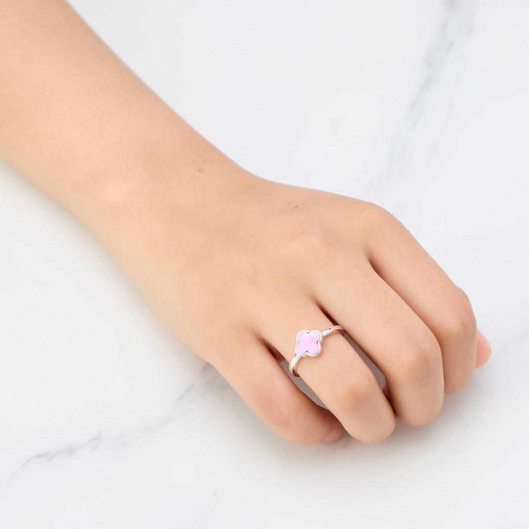 Pink Mother of Pearl Gemstone Adjustable Clover Ring - Philip Jones Jewellery
