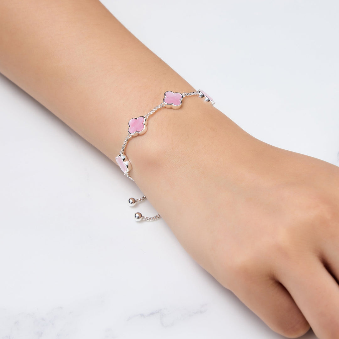 Pink Mother Of Pearl Multi Clover Friendship Bracelet - Philip Jones Jewellery
