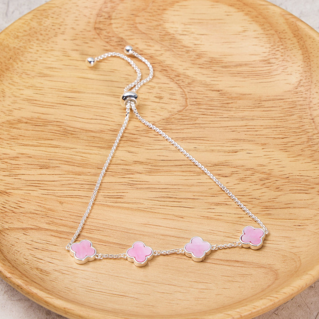 Pink Mother Of Pearl Multi Clover Friendship Bracelet - Philip Jones Jewellery
