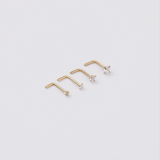 Pack of 4 L Shaped Gold Plated Stainless Steel Nose Studs Created with Zircondia® Crystals