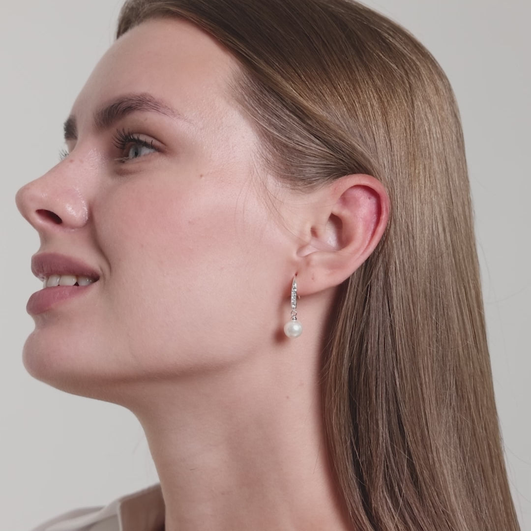 Silver Plated Pearl Drop Earrings Created with Zircondia® Crystals Video
