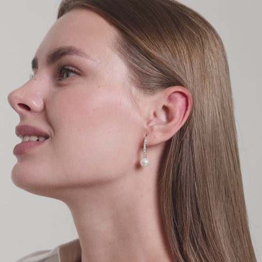 Silver Plated Pearl Drop Earrings Created with Zircondia® Crystals Video