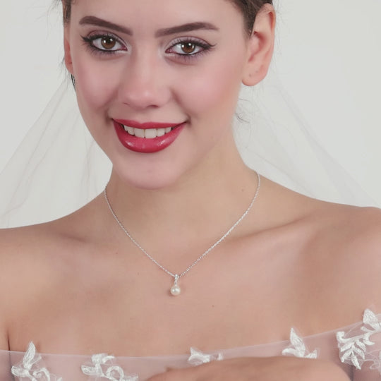 Silver Plated Pearl Drop Bridal Necklace Created with Zircondia® Crystals