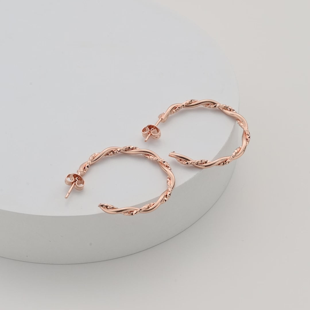 Rose Gold Plated 30mm Twisted Diamond Cut Hoop Earrings Video