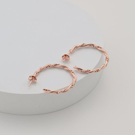 Rose Gold Plated 30mm Twisted Diamond Cut Hoop Earrings Video