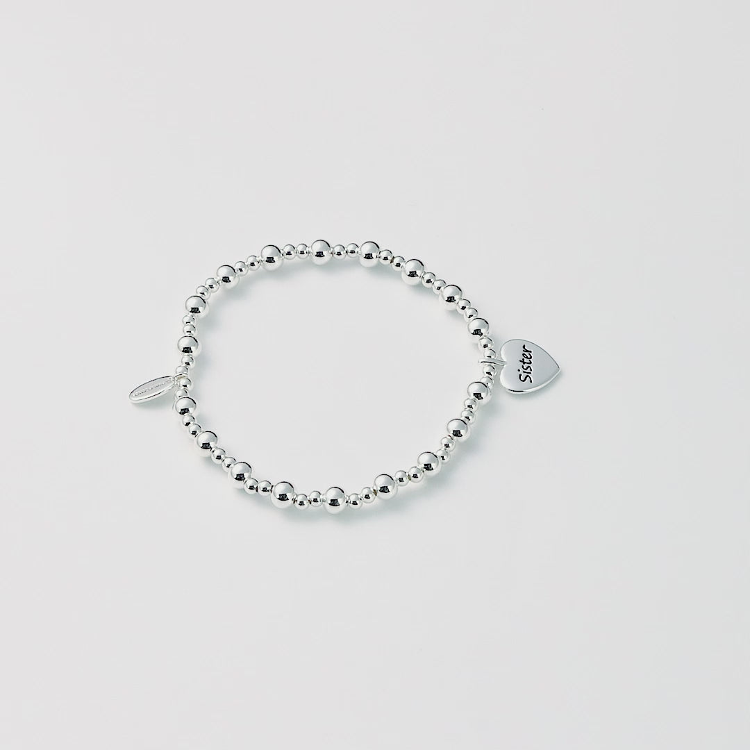 Sister Heart Charm Beaded Stretch Bracelet