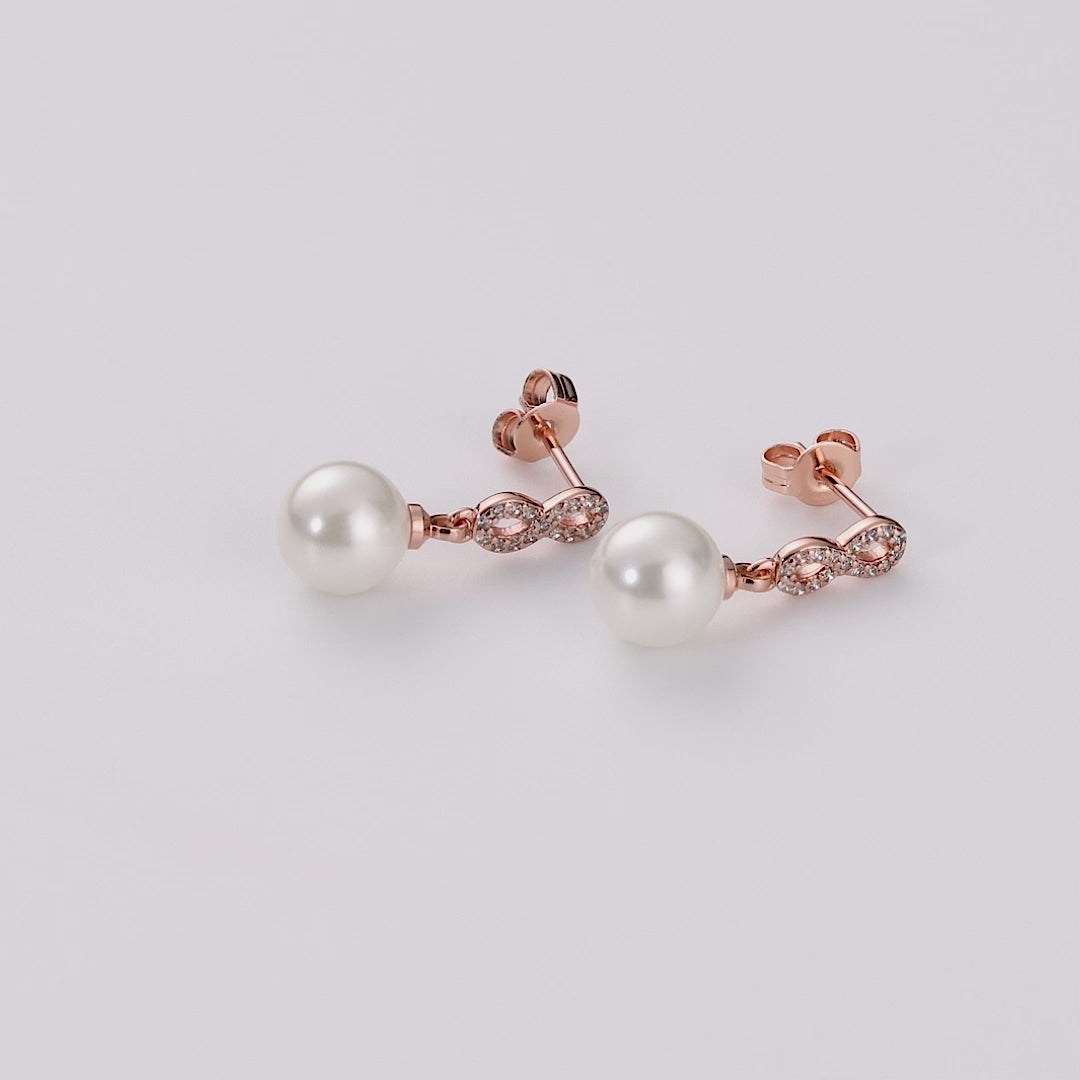 Rose Gold Plated Infinity Pearl Drop Earrings Created with Zircondia® Crystals