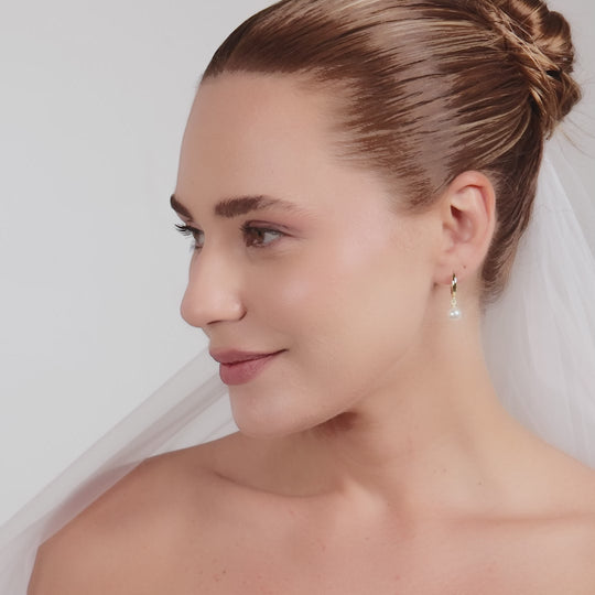Gold Plated Pearl Drop Bridal Hoop Earrings