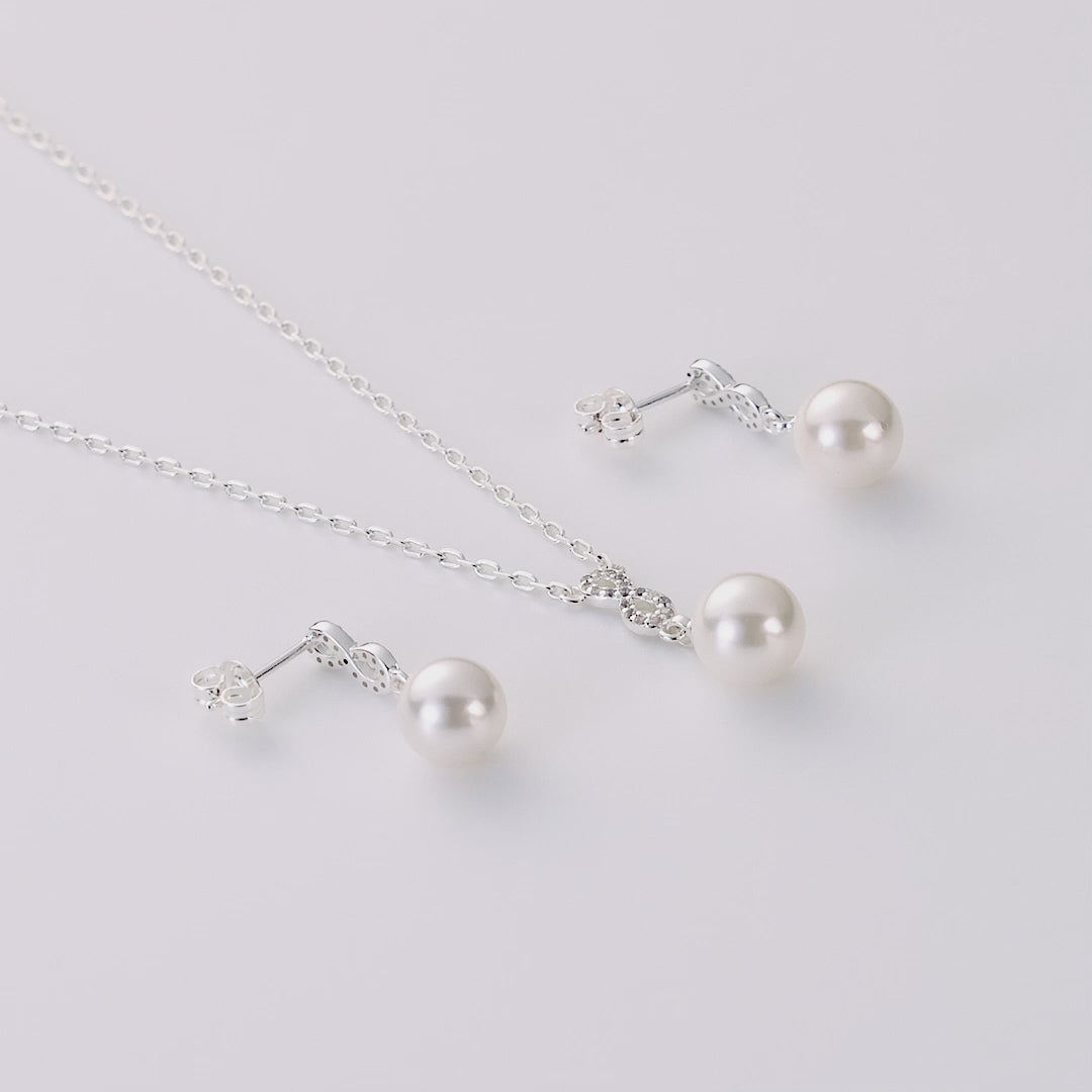 Silver Plated Infinity Pearl Drop Bridal Set Created with Zircondia® Crystals