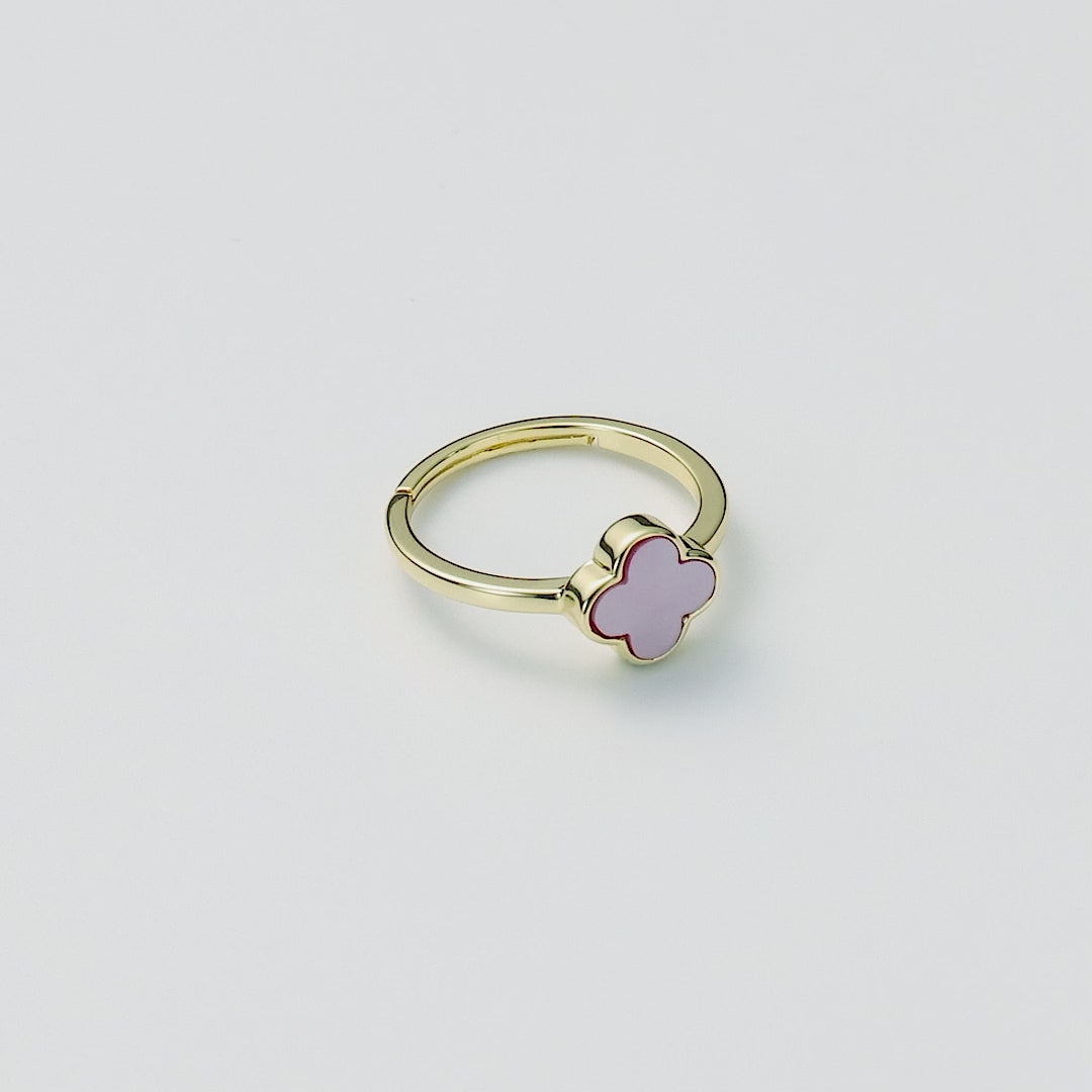 Gold Plated Pink Mother of Pearl Gemstone Adjustable Clover Ring