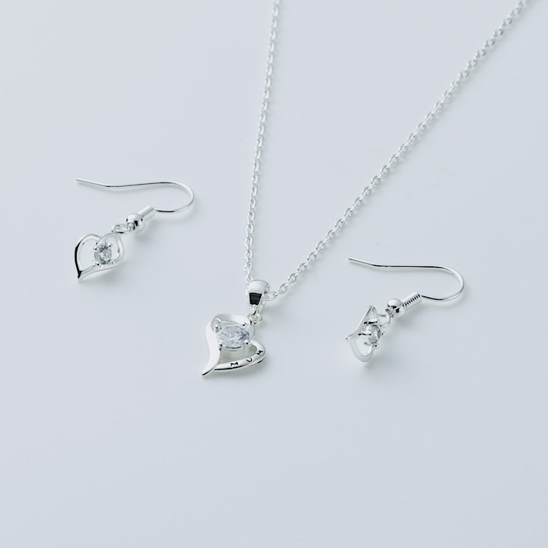 Heart "Mum" Necklace and Earrings Set Created with Zircondia® Crystals