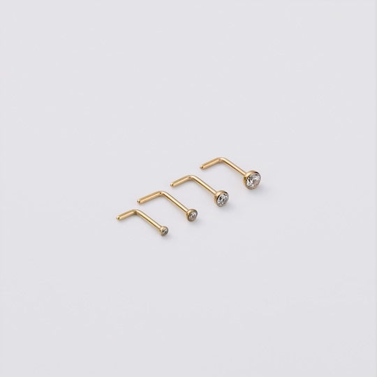 Pack of 4 L Shaped Bezel Set Gold Stainless Steel Nose Studs Created with Zircondia® Crystals