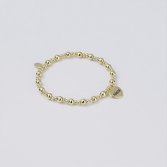 Gold Plated Niece Heart Charm Beaded Stretch Bracelet