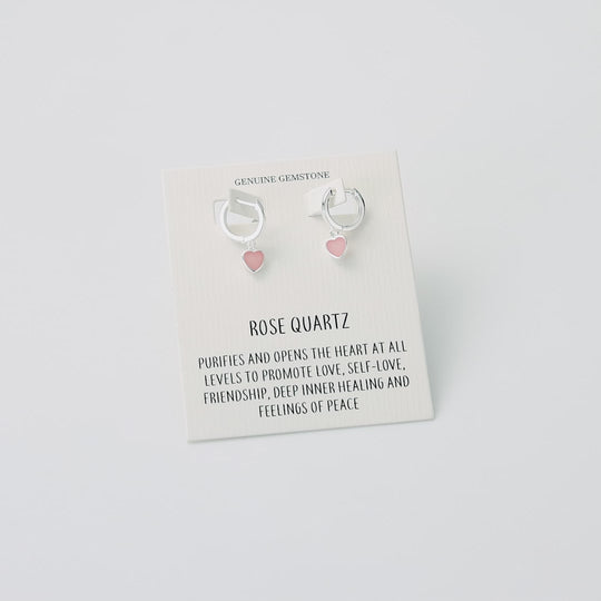 Rose Quartz Gemstone Heart Charm Hoop Earrings with Quote Card