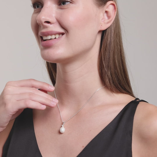 Sterling Silver White Pearl Drop Necklace Created with Zircondia® Crystals Video