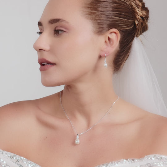 Sterling Silver White Pearl Drop Bridal Set Created with Zircondia® Crystals