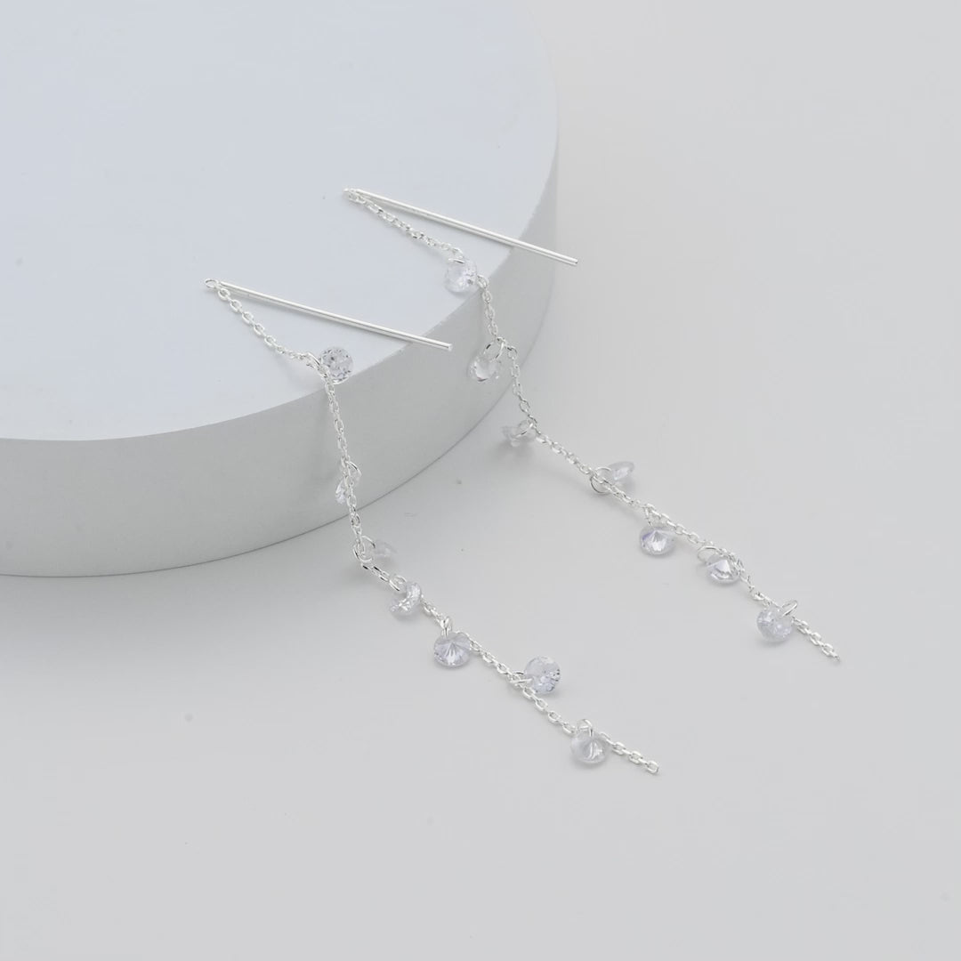 Silver Plated Dangle Thread Earrings Created with Zircondia® Crystals Video
