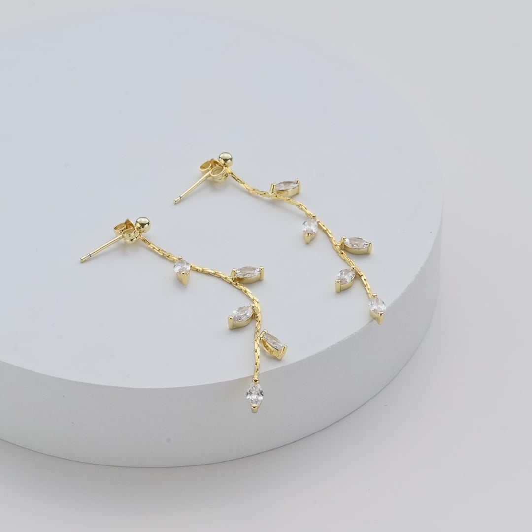 Gold Plated Leaf Dangle Earrings Created with Zircondia® Crystals Video