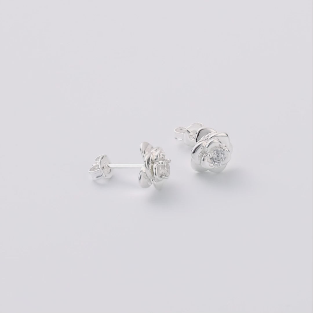 Silver Plated Rose Earrings Created with Zircondia® Crystals
