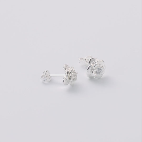 Silver Plated Rose Earrings Created with Zircondia® Crystals