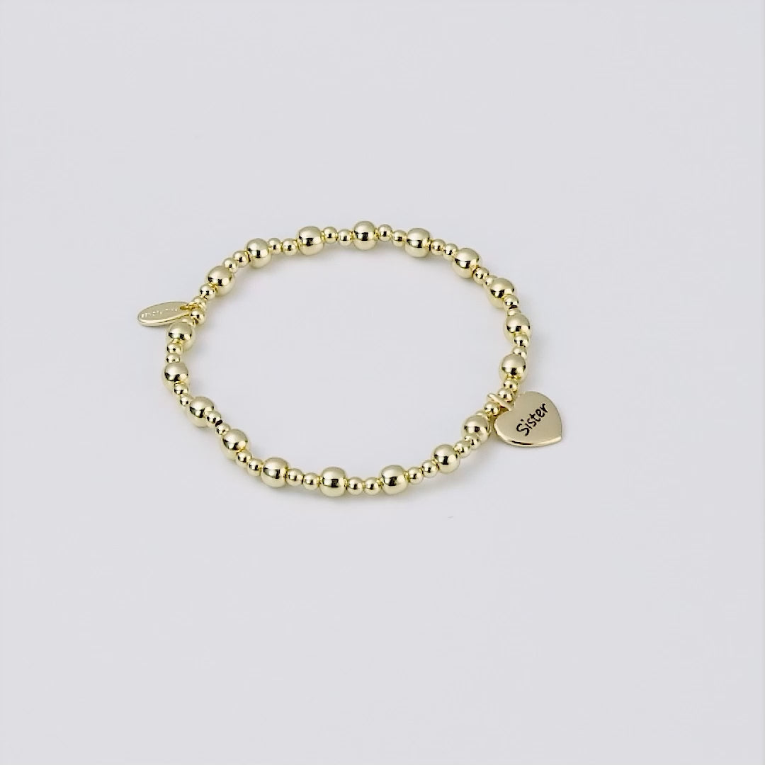 Gold Plated Sister Heart Charm Beaded Stretch Bracelet