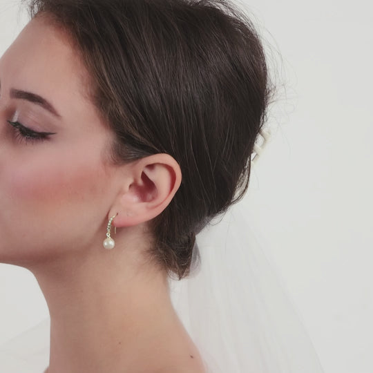 Gold Plated Pearl Drop Bridal Earrings Created with Zircondia® Crystals