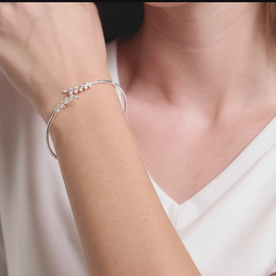 Silver Plated Leaf Bangle Created with Zircondia® Crystals Video