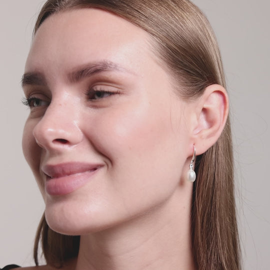 Sterling Silver White Pearl Drop Earrings Created with Zircondia® Crystals Video