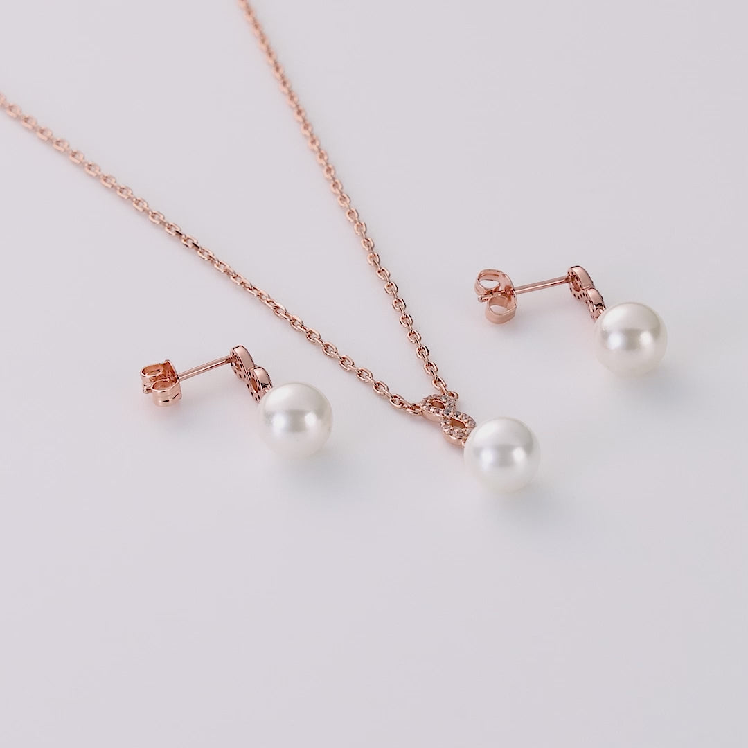 Rose Gold Plated Infinity Pearl Drop Bridal Set Created with Zircondia® Crystals